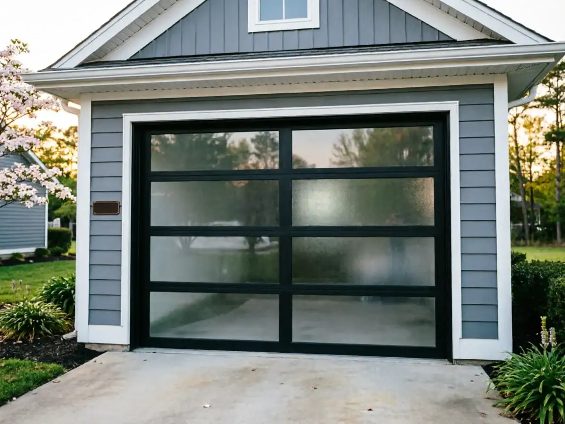 The garage door is black with frosted glass panels on a gray house.