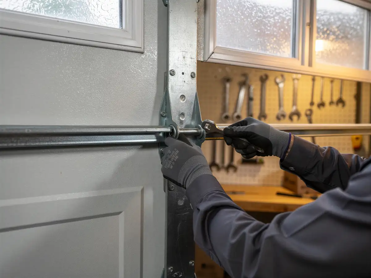 A technician in gloves uses a wrench to adjust a garage door roller.